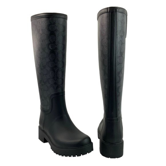New Coach Monogrammed Tall Pull-on Rain Boots Black Gray 5 - Picture 3 of 11